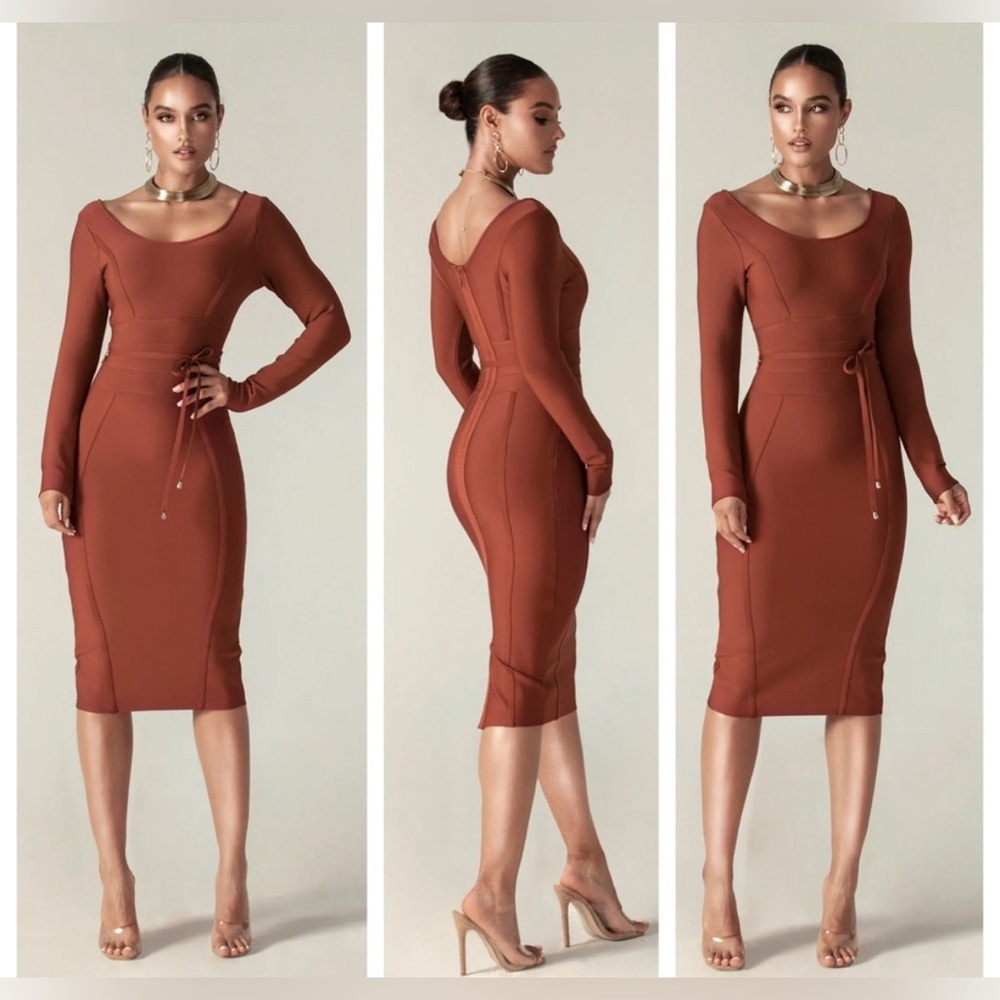 Sculpted Long-Sleeve Midi Dress in Rust with Waist Tie
